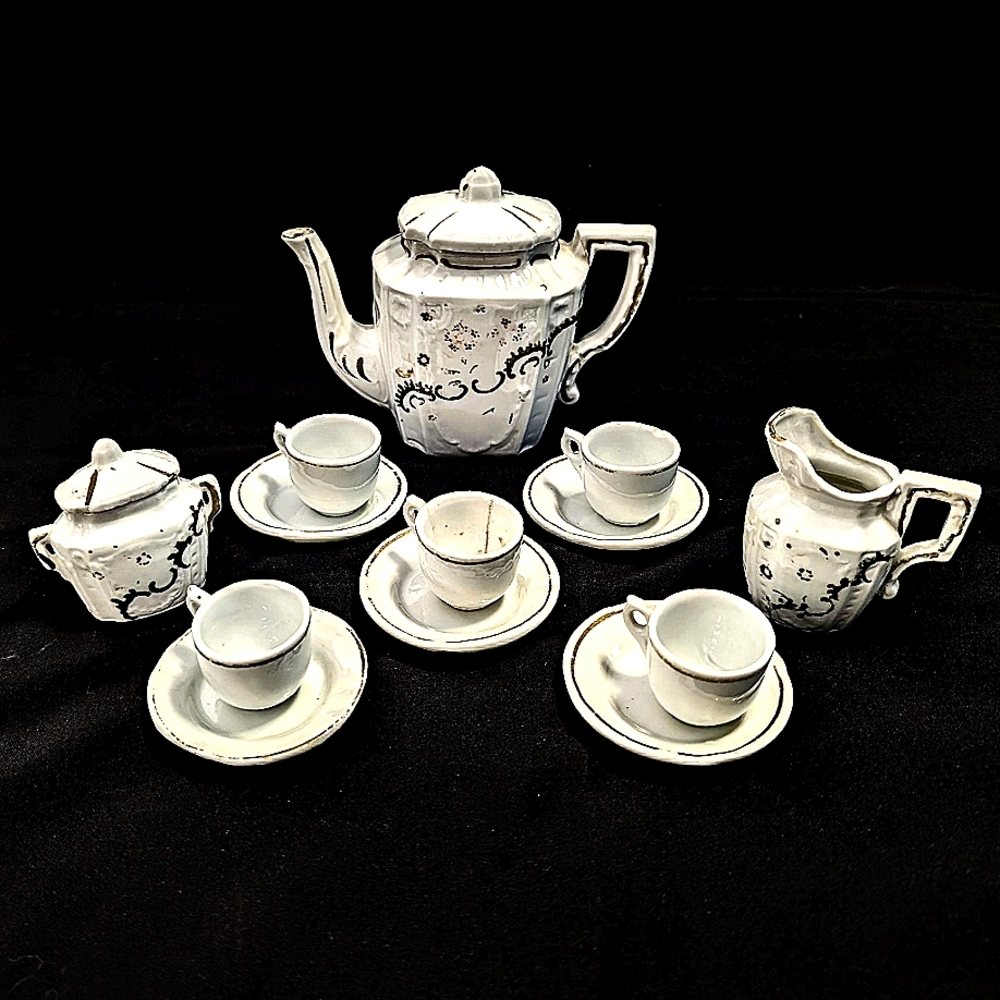 Vintage Child’s Porcelain Tea Set – White with Ornate Scroll Trim – 13 Pieces